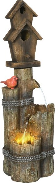 Outsunny OutsunnyOutdoorFountainwithBirdhouseCascadingGardenWaterfallBirdBathwith3-TierRusticTreeTrunkLogDesignLightsforYardDecorBrown