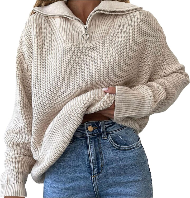 LILLUSORY Zip Up Quarter Half Sweater Trendy Striped Chunky Knit Black  Pullover Oversized Fall Sweaters for Women at  Women's Clothing store