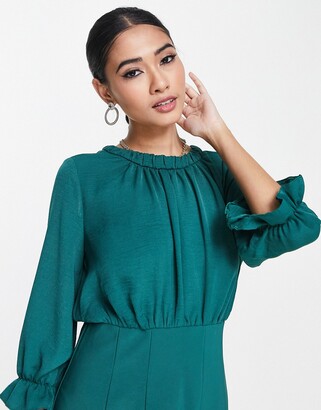 ASOS DESIGN mixed fabric mini dress with frill sleeves in forest green