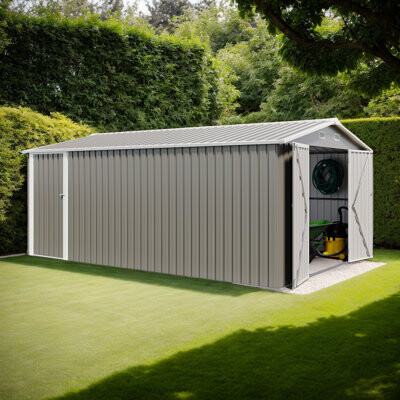 Watque Kita Metal Outdoor Storage Shed with 3 Lockable Doors 4 Air Vents & Sloped Roof for Backyard Patio Lawn