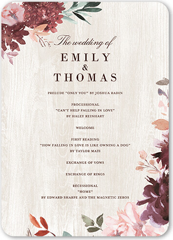 Shutterfly Wedding Programs: Muted Florals, 5x7, Red, Pearl Shimmer Cardstock, Rounded, Cabernet