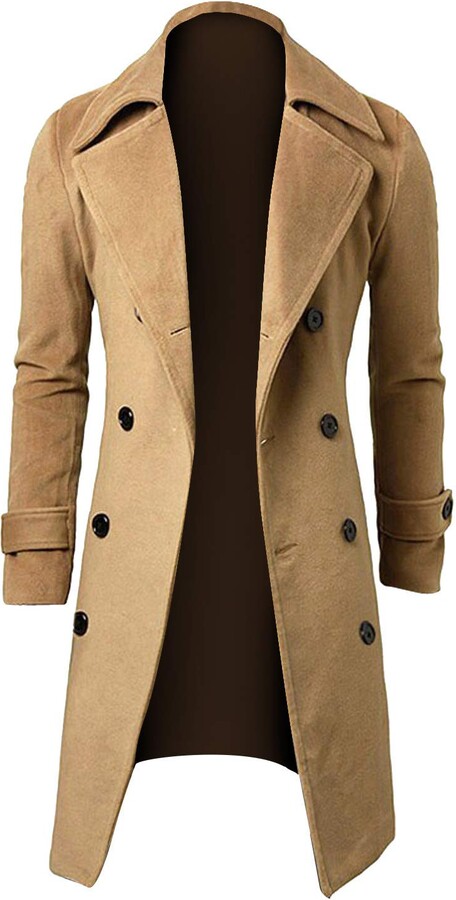LEBABA Winter Men Slim Stylish Trench Coat Double Breasted Long Jacket  Parka Long Slim Fit Wool Cashmere Warm Overcoat (Khaki - ShopStyle