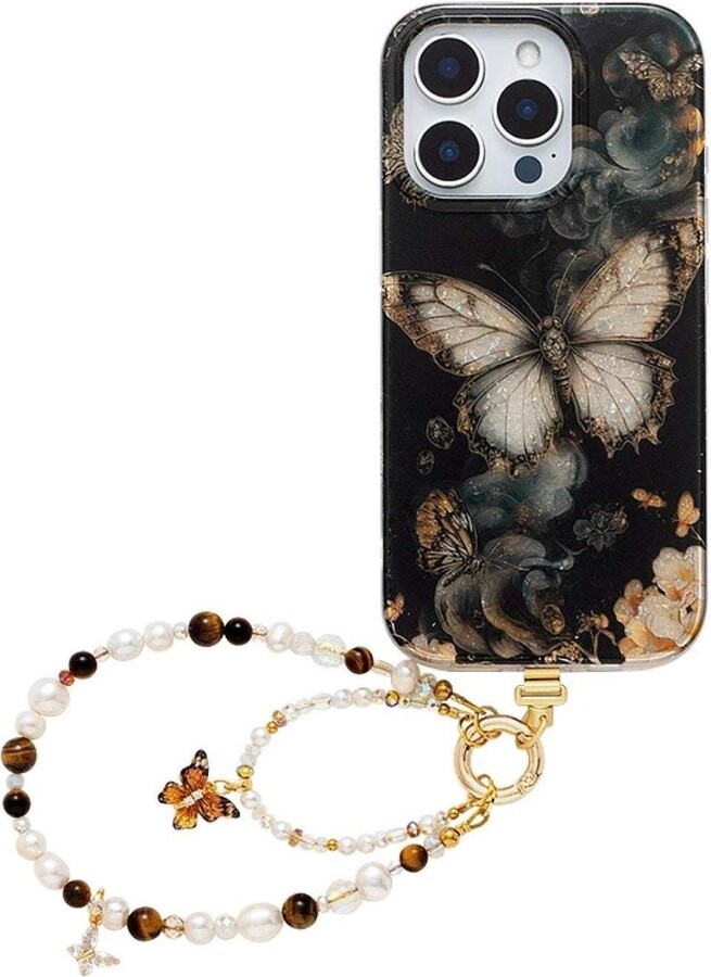 Wjy Studio London Black Iridescent Butterfly Phone Case With Pearl Strap