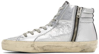 Golden Goose Silver and Red Glitter Slide High-Top Sneakers