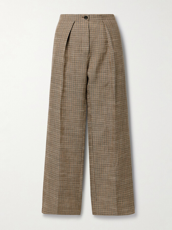 Acne Studios Pleated Checked Linen-blend Wide-leg Pants - Brown