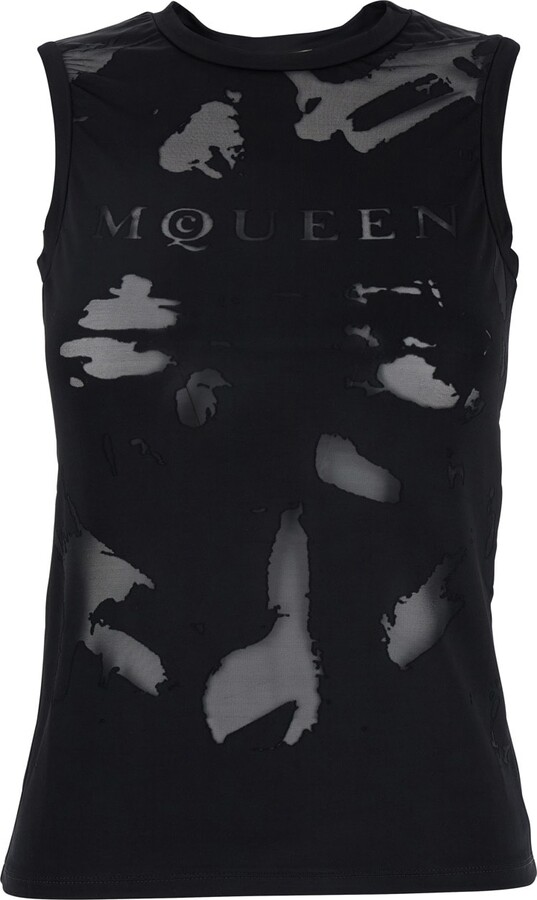 Alexander McQueen Black Crewneck Sleeveless Top With Logo Lettering On The Front And Semi Sheer Panels On The Front In Viscose Woman