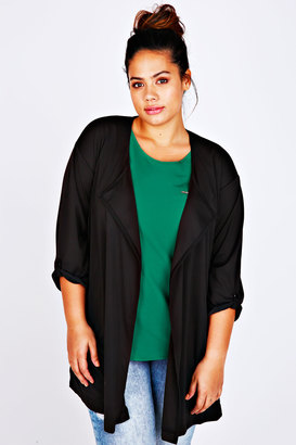 Yours Clothing Black Longline Waterfall Jersey Jacket With Waist Tie