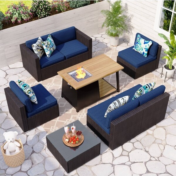 8pc Outdoor Steel & Wicker Rectangular Fire Pit Set with Cushions Blue