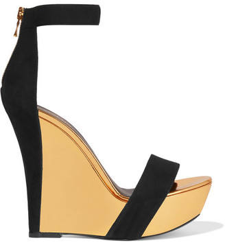 Balmain Suede And Mirrored-leather Wedge Sandals - Black