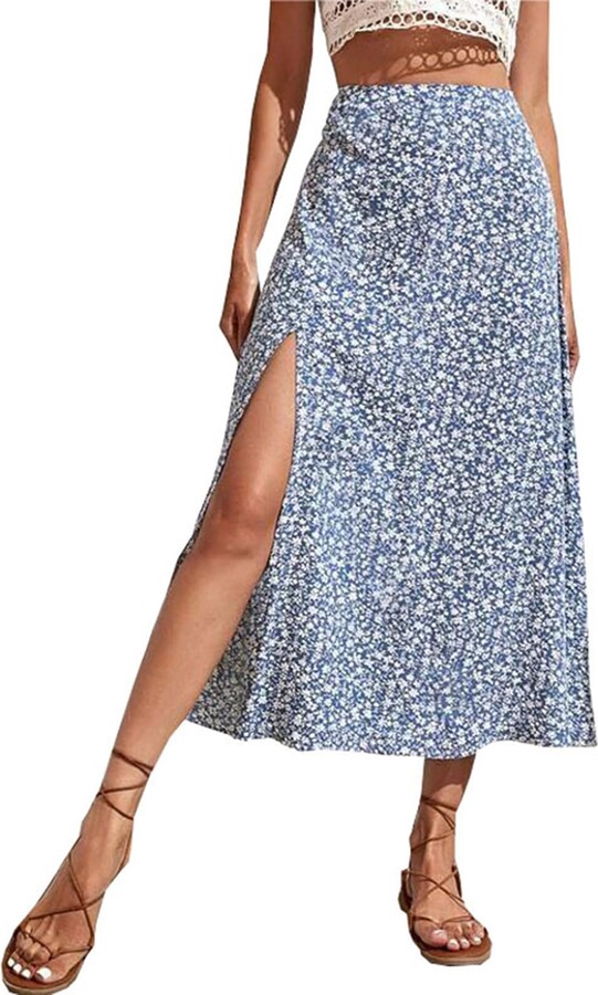 FeMereina Women's Sexy Boho Floral Midi Skirts Mid Waist Side Slit Skirts  Split Thigh High Waist Swing Casual A-line Skirts Y2K Streetwear (Light  Blue - ShopStyle