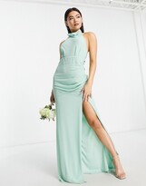 Thumbnail for your product : TFNC Bridesmaid chiffon high neck maxi dress with tie back in fresh sage