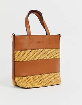 Melie Bianco faux leather and straw mini tote bag