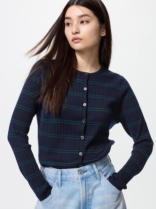 Merino Ribbed Short Cardigan Striped