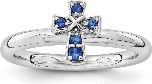 Black Bow Jewelry Co. BlackBowJewelryRhodiumSterlingSilverStackableCreatedSapphire9mmCrossRingSz8