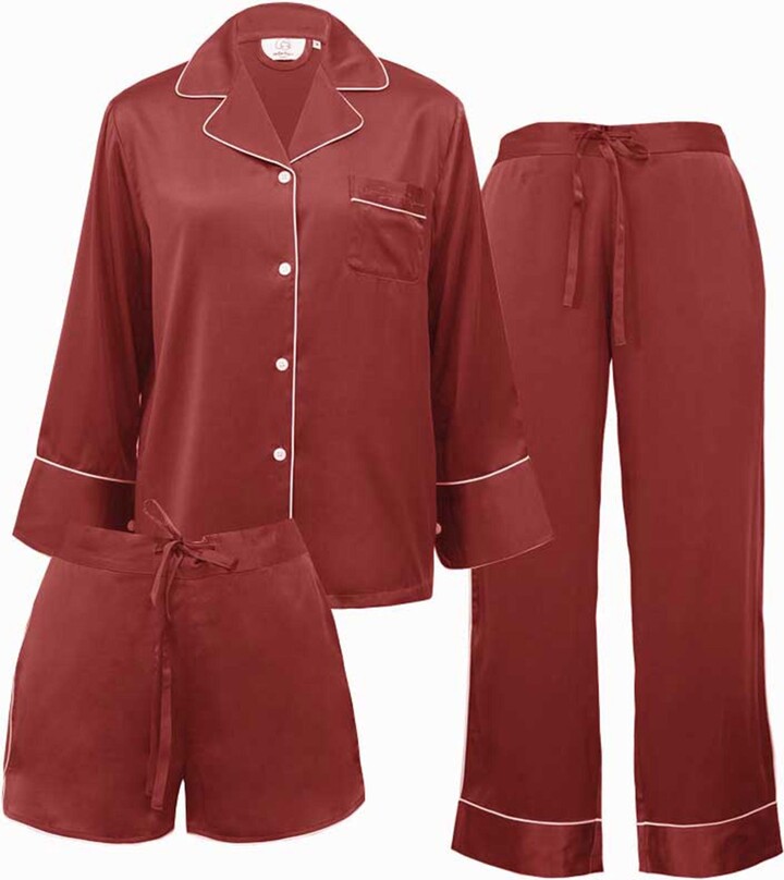 NOT JUST PAJAMA Women'S 3Piece Classic Silk Pajamas Set Red ShopStyle Pyjamas