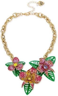 Betsey Johnson Gold-Tone Multi-Stone Flower and Leaf Statement Necklace