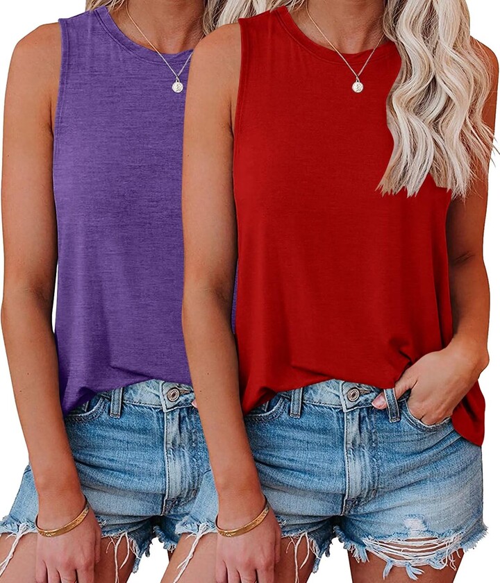 KKJ 2 Pack Womens Tank Tops Crewneck Sleeveless Summer Tops Loose Fit Basic  Solid Color Casual Shirts - ShopStyle