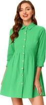 Thumbnail for your product : Allegra K Women's Casual Shirt Dress 3/4 Sleeve Button Up Mini Dresses - Pink - Large