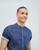 Thumbnail for your product : ASOS Design DESIGN stretch slim denim shirt with grandad collar in rinse wash