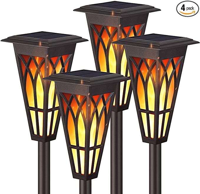 Solar Torch Lights – Solar Flame Torch Lights Outdoor 4 Pack 2 Modes Always-On/Flickering Flame Matte Lampshade Auto On/Off Pathway Lights Solar Powered Stainless Steel IP65 Waterproof Path/Beach/Yard