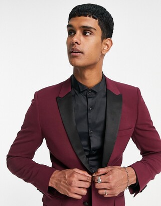ASOS DESIGN super skinny tuxedo in burgundy suit jacket
