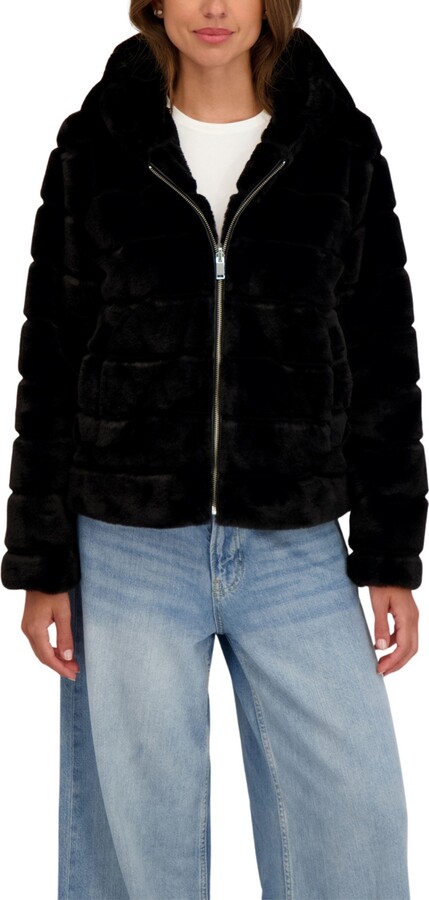 Sebby Collection Women's Hooded Grooved Short Faux Fur Jacket