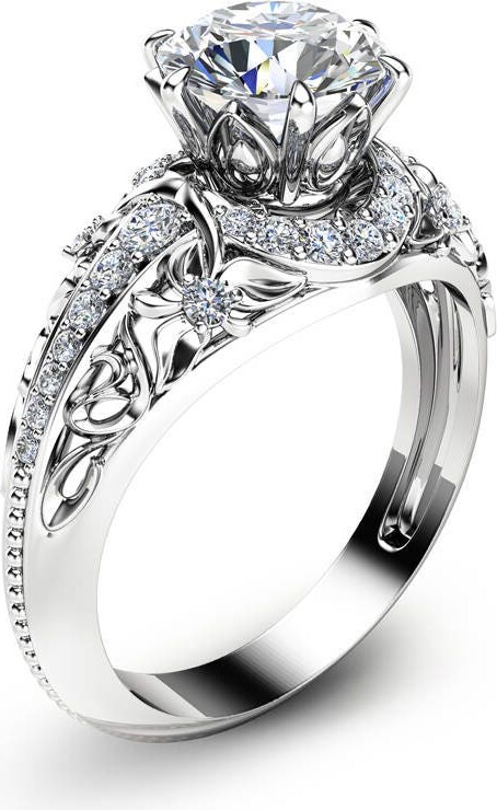 Lab Diamond Engagement Ring 14K White Gold Vine & Leaf Filigree