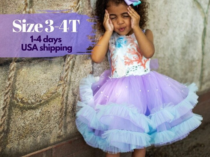 Sea Princess Dress, Mermaid Ruffle Tutu, Flower Girl Birthday Gown, Tulle Lace Wedding Party Outfit