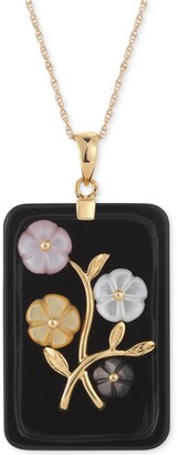 Macy's Jade or Onyx Carved Flower Pendant Necklace (25x38mm) in 14k Gold-Plated Sterling Silver