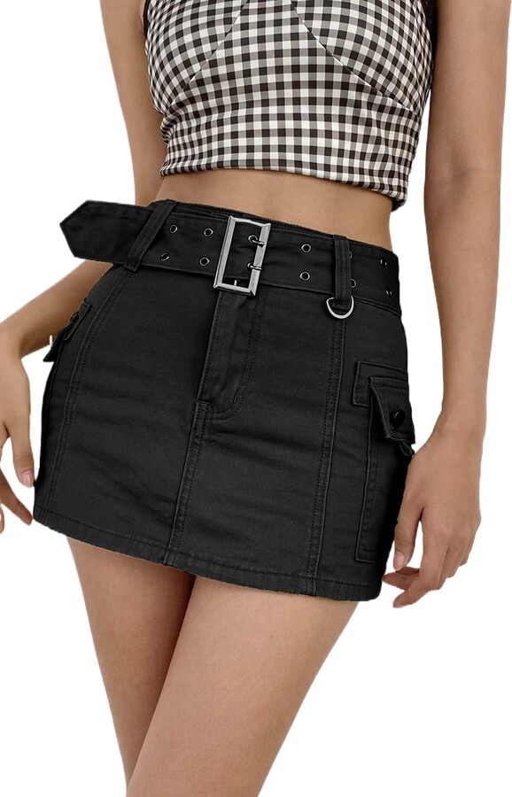 Caziffer Womens Y2k Mini Denim Skirt Low Waisted Bodycon Short Pencil