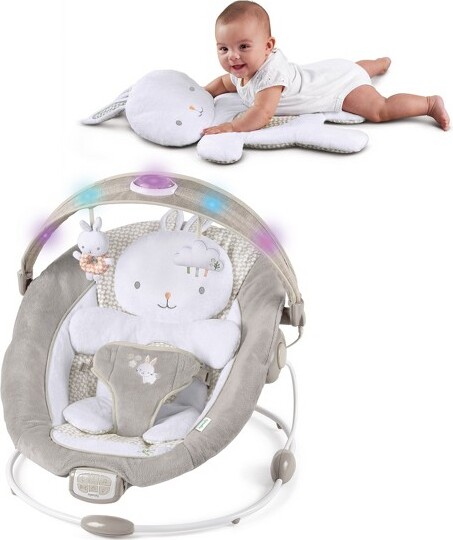 Ingenuity InLighten Baby Bouncer Seat, Light Up Toy Bar, Bunny Tummy Time Pillow Mat - Twinkle Tails