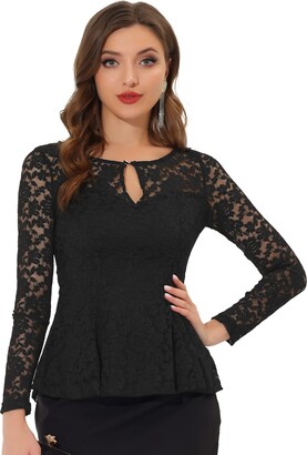 Allegra K Women's Lace Peplum Tops Round Neck Long Sleeve Elegant Floral  Lace Blouse Black 4 - ShopStyle