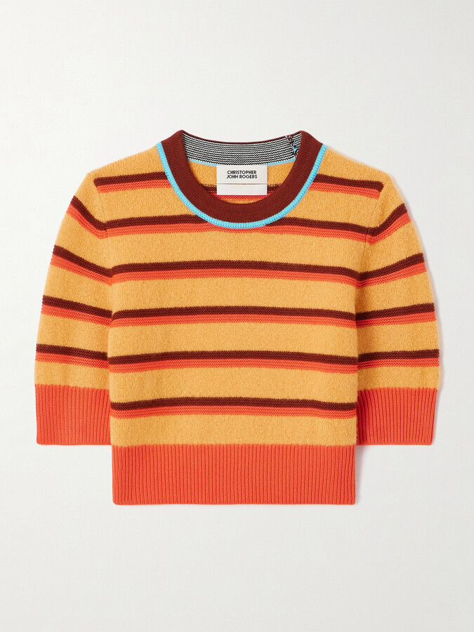 Christopher John Rogers Striped Brushed Merino Wool-blend Sweater - Orange
