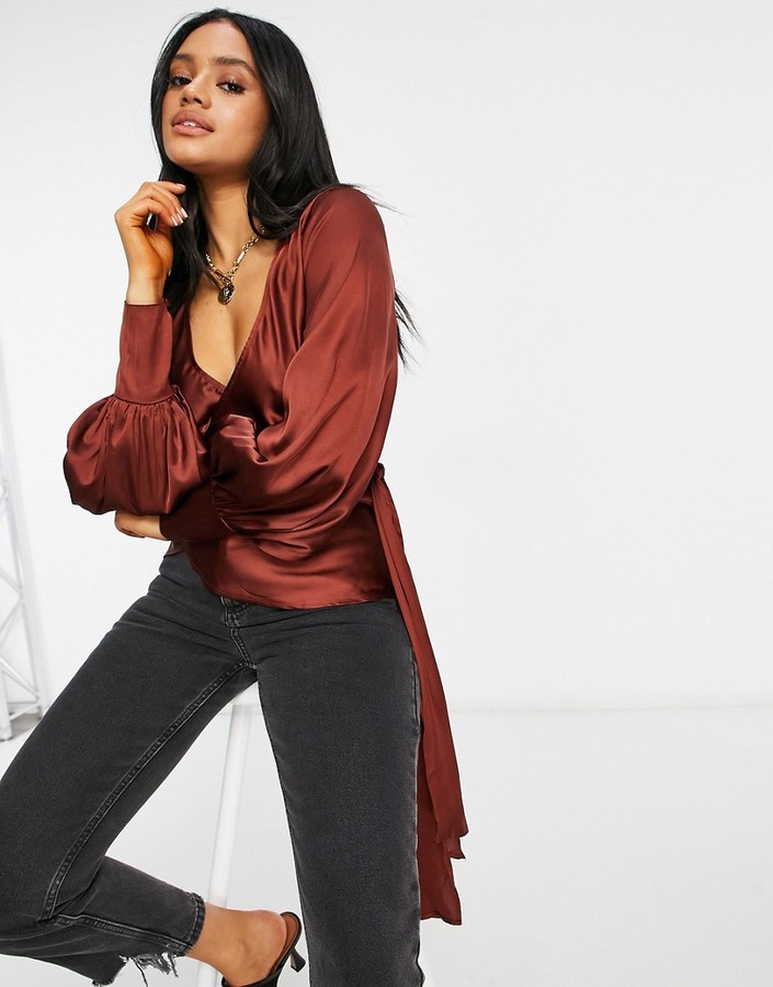 ASOS DESIGN satin wrap top in copper ShopStyle