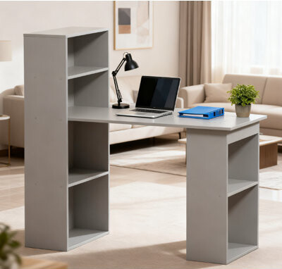 Latitude Run Compact Computer Desk Writing Table Workstation With Bookshelf Gray Home Office Furniture | Gift Idea