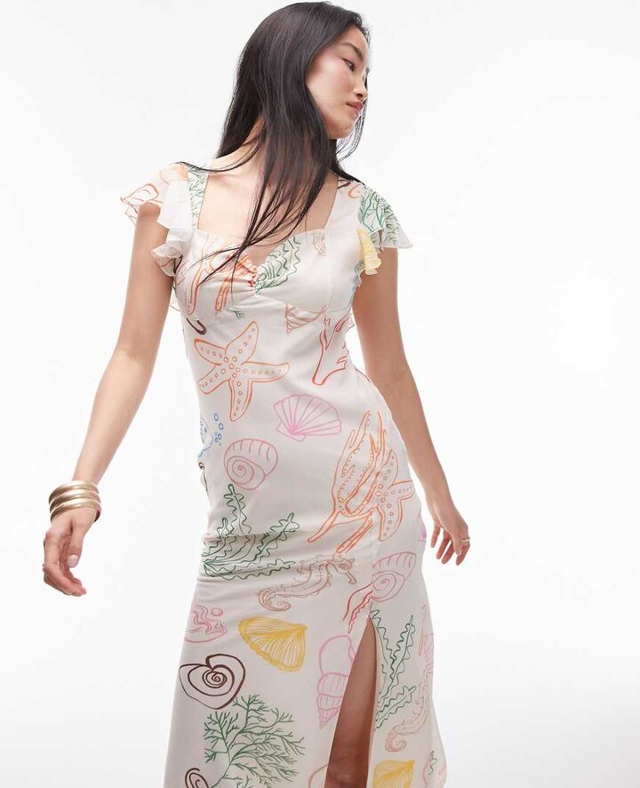 Topshop flutter sleeve occasion midi dress in sea shore print
