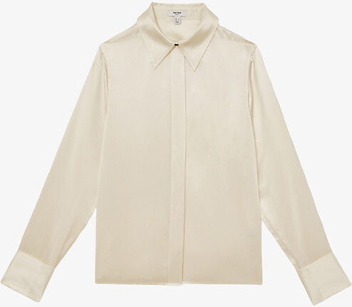 Reiss Womens Ivory Ameira Concealed-Placket Long-Sleeve Silk Shirt 10