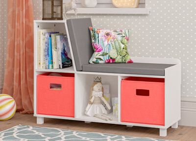 RiverRidge Kids Reading Book Nook Cushioned Toy Storage Bench with Cubby Organizers and 2 Fabric Bins- White