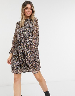 Pieces mini smock dress with volume sheer sleeve in ditsy floral - ShopStyle
