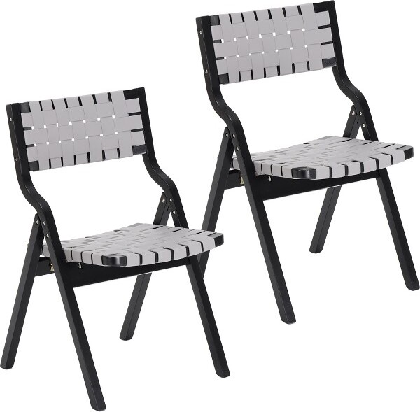 QingMoonWoodFoldingChairsSetof2,StackableDiningChairswithWovenSeatandWebbingBackforKitchen,DiningRoom(Black)