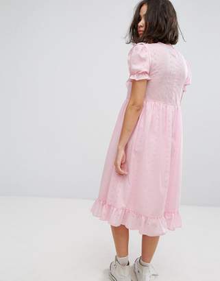 Reclaimed Vintage Inspired Midi Broderie Dress With Trims & Frills