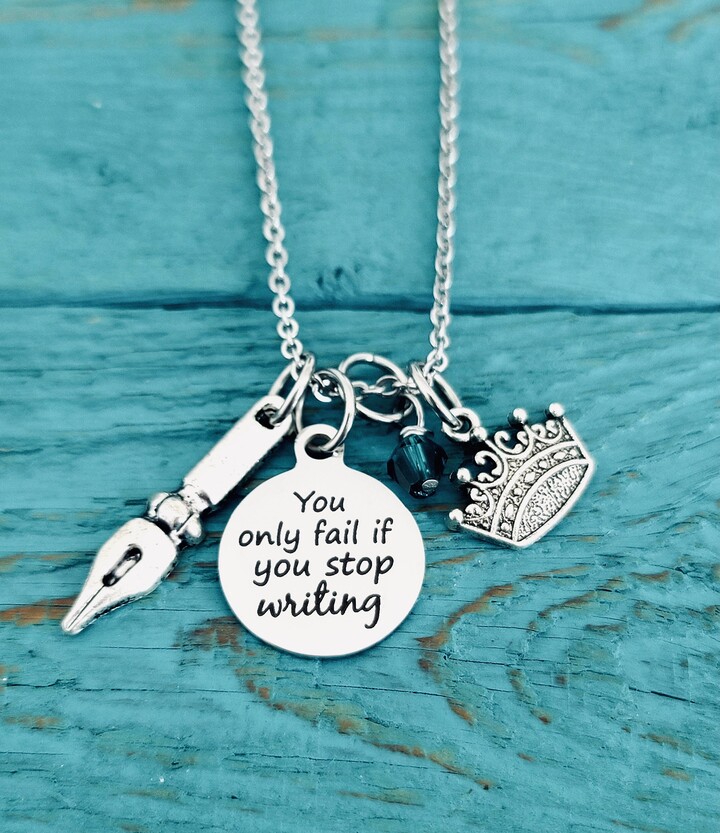 You Only Fail If, You Stop Writing, Writer Gift, Ray Bradbury Quote, Silver Necklace, Book Author, Poet, Gifts For