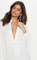 Thumbnail for your product : PrettyLittleThing White Broderie Anglaise Plunge Tie Waist Bodycon Dress