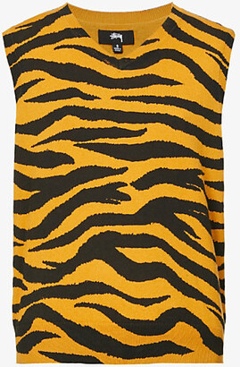 Stussy Womens ustard Tiger-intarsia Cotton and Wool-blend top