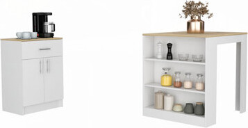 2 Piece Kitchen Set, Kitchen Island Table + Pantry Cabinet, White