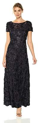 Alex Evenings Women's Long A-Line Rosette Dress with Short Sleeves and Sequin Detail