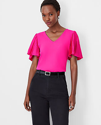 Ann Taylor Shimmer Mixed Media Pleated Sleeve Top - ShopStyle