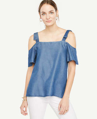 Ann Taylor Chambray Bow Cold Shoulder Blouse