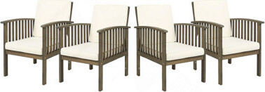 August Grove Outdoor Acacia Wood Chairs Set Of 4 Heavy-Duty Dining Armchairs Farmhouse Style Grey Finish Seating Furniture (With Cream Cushion)For Patio Deck Y