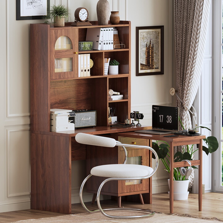 Aukfa Computer Desk with Hutch,LShape Office Desk Gaming Desk, Rotating Desktop,Storage Cabinets for Home Office Bedroom,Walnut